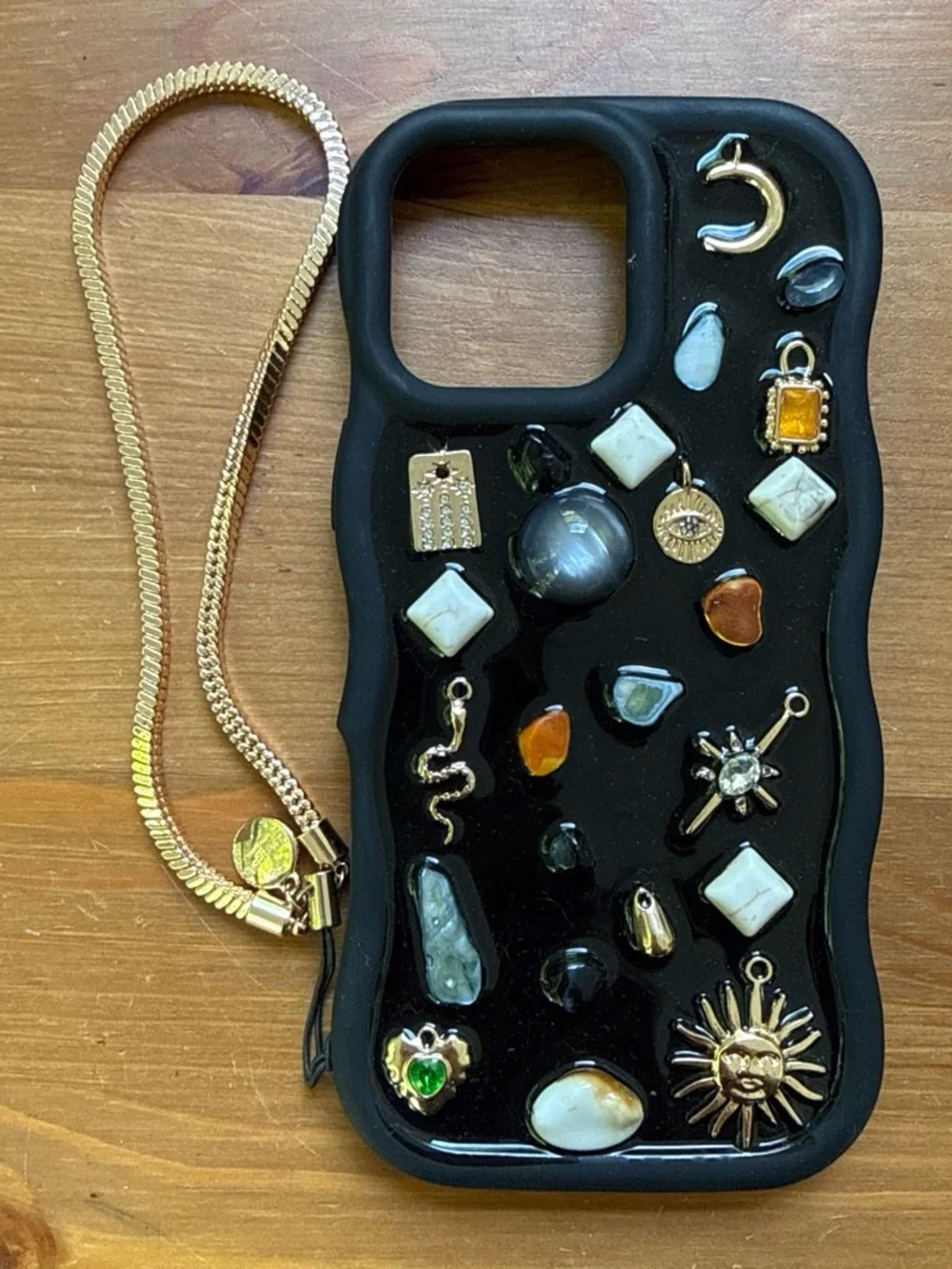 Black Decorative Embellished Cell Phone Case with Gold Strap